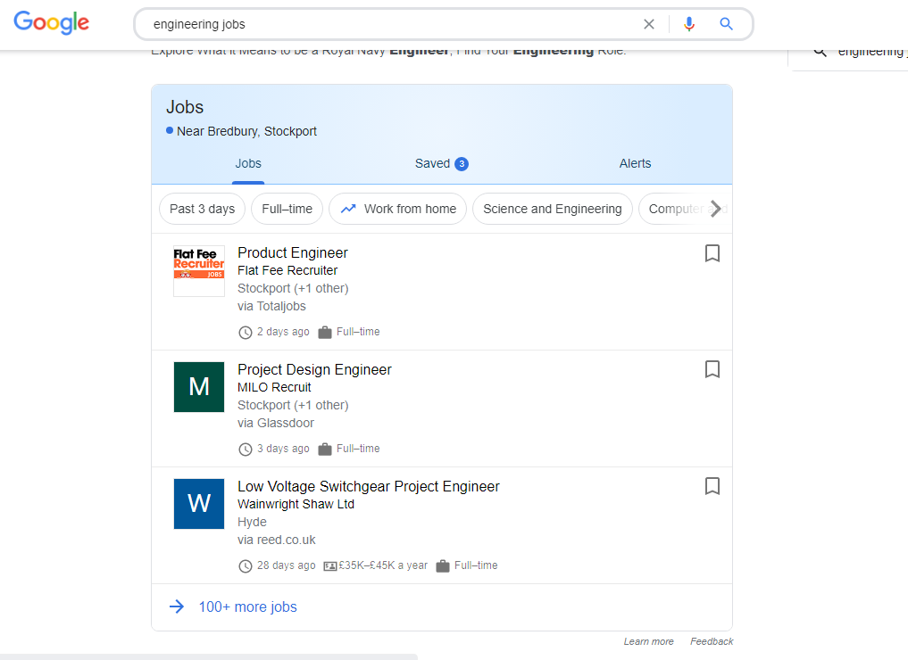 Google Jobs search results example